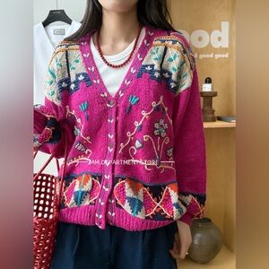NWT Hand Knit Vintage style Silk Blend Patterned V-Neck Cardigan Size M